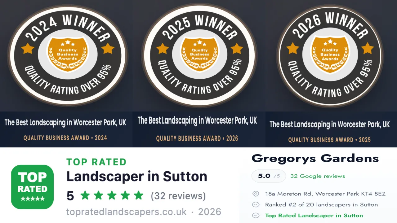 Quality Business Awards winner 2024, 2025 and 2026 for The Best Landscaping in Worcester Park, with a quality rating over 95%. Top Rated Landscaper in Sutton 2026 on topratedlandscapers.co.uk, ranked #2 of 20 landscapers in Sutton.